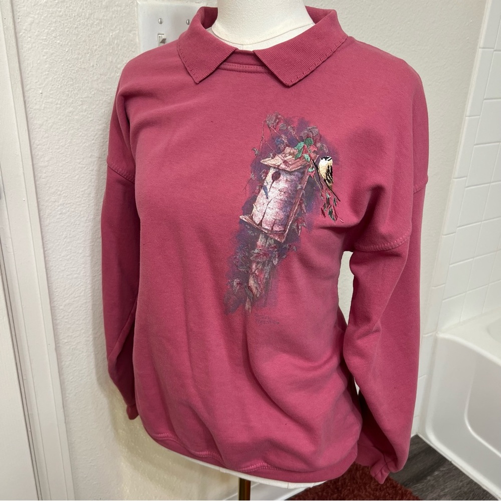 Pink vintage birds floral graphic crewneck sweatshirt blush cottage vintage